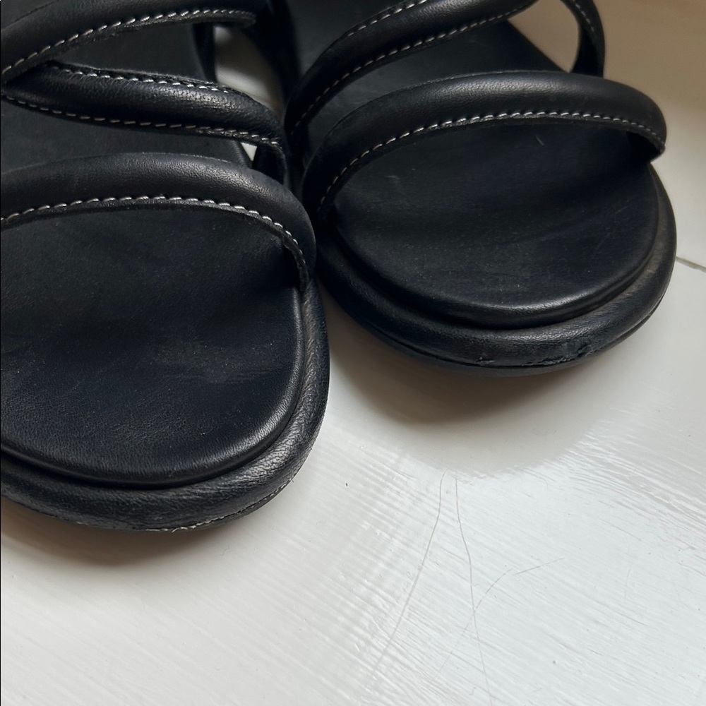 OluKai Black Triple-Strap Leather Slide Sandals - Picture 4 of 5